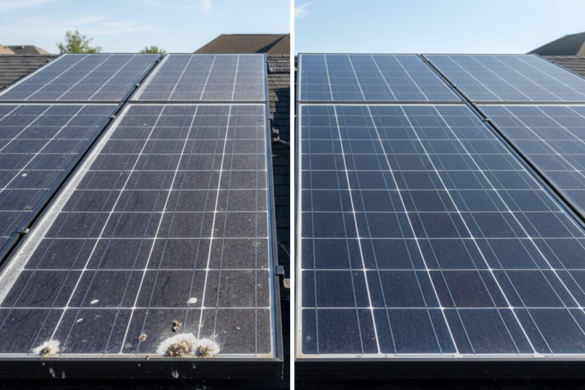 A side-by-side comparison of a clean and a dirty solar panel, highlighting the importance of solar panel maintenance.