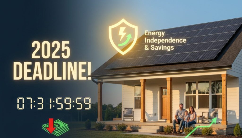 A family stands confidently in front of their home with solar panels, looking towards the setting sun. A large 2025 countdown clock shows the tax credit deadline approaching.