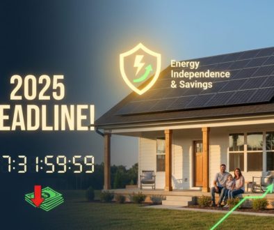 A family stands confidently in front of their home with solar panels, looking towards the setting sun. A large 2025 countdown clock shows the tax credit deadline approaching.