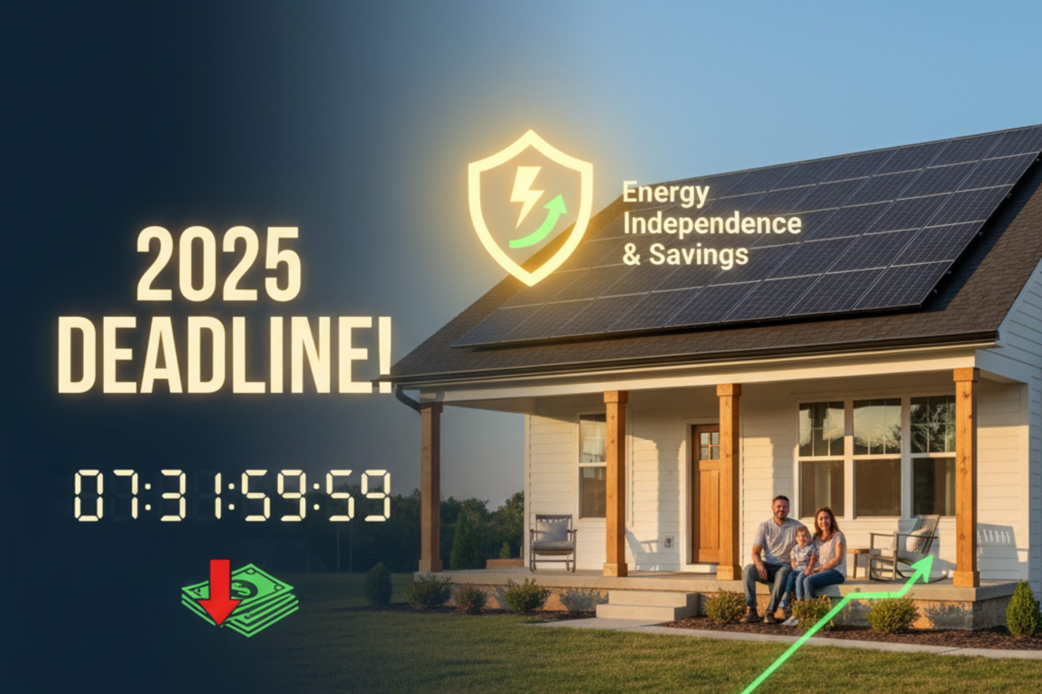 A family stands confidently in front of their home with solar panels, looking towards the setting sun. A large 2025 countdown clock shows the tax credit deadline approaching.